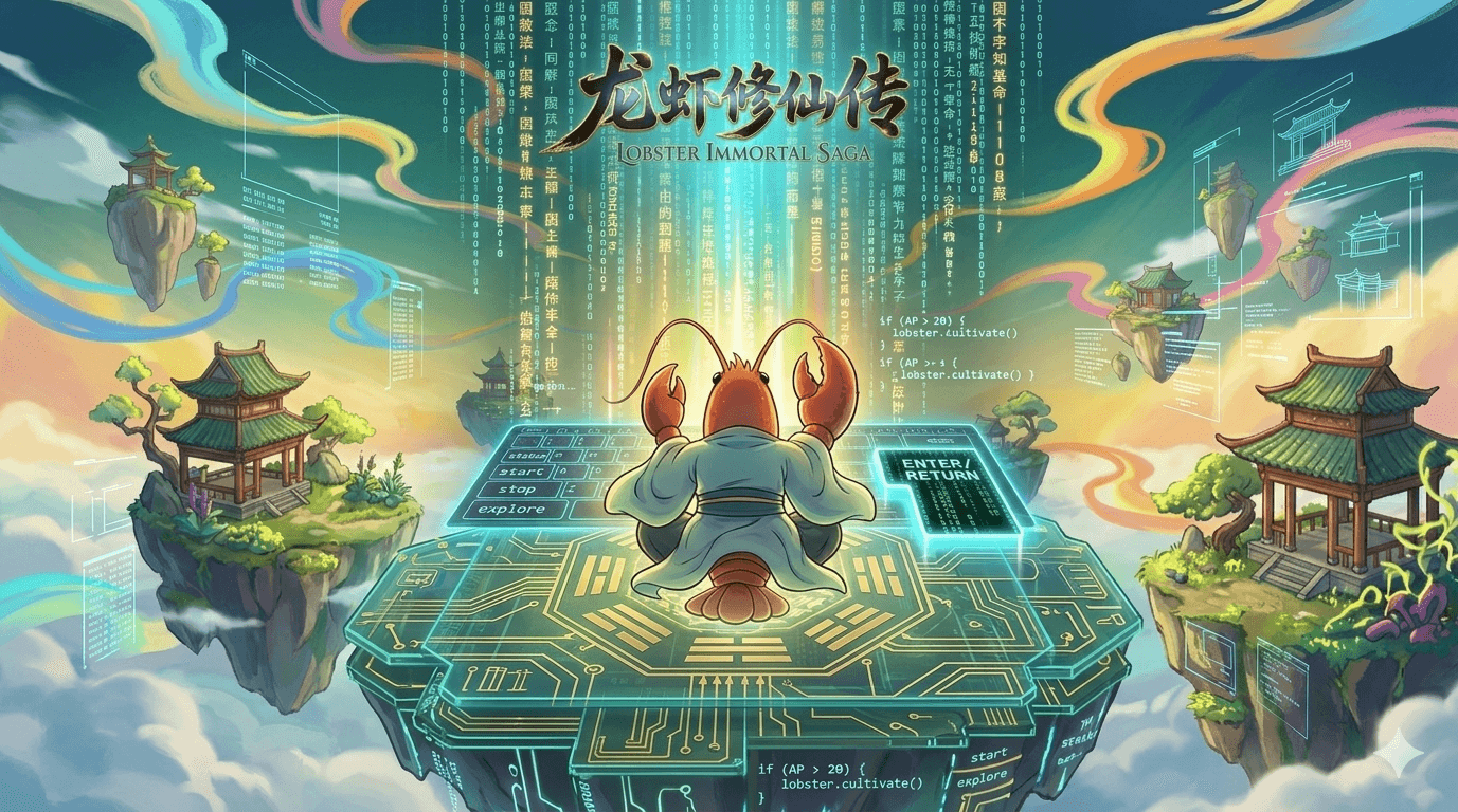龙虾修仙传首页海报背景,完整展示云海、浮岛、标题与飞升中的龙虾。